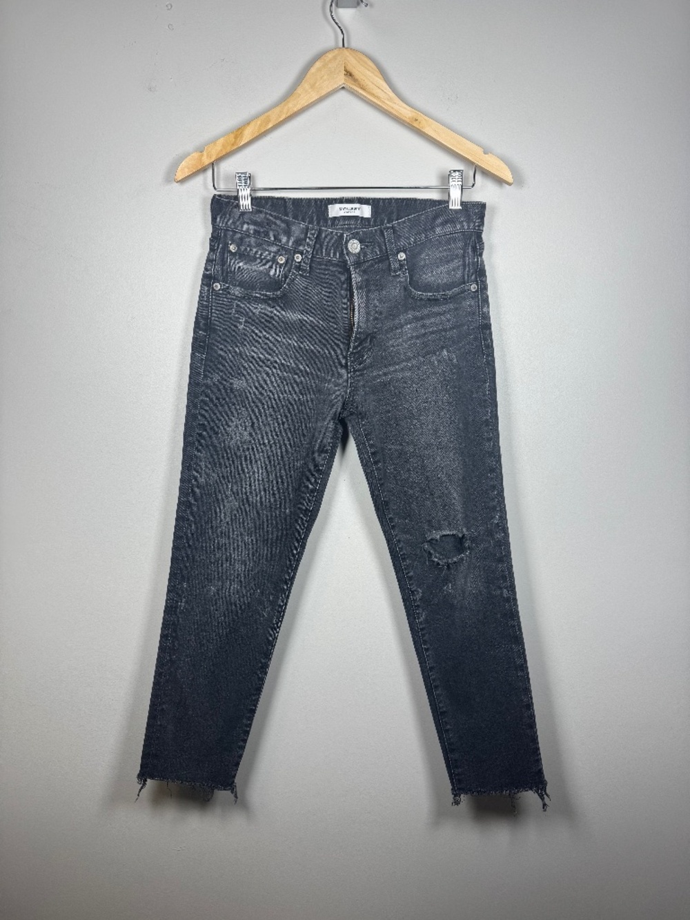 Moussy Black Washed Cropped Ankle Jeans with Distressed Knee